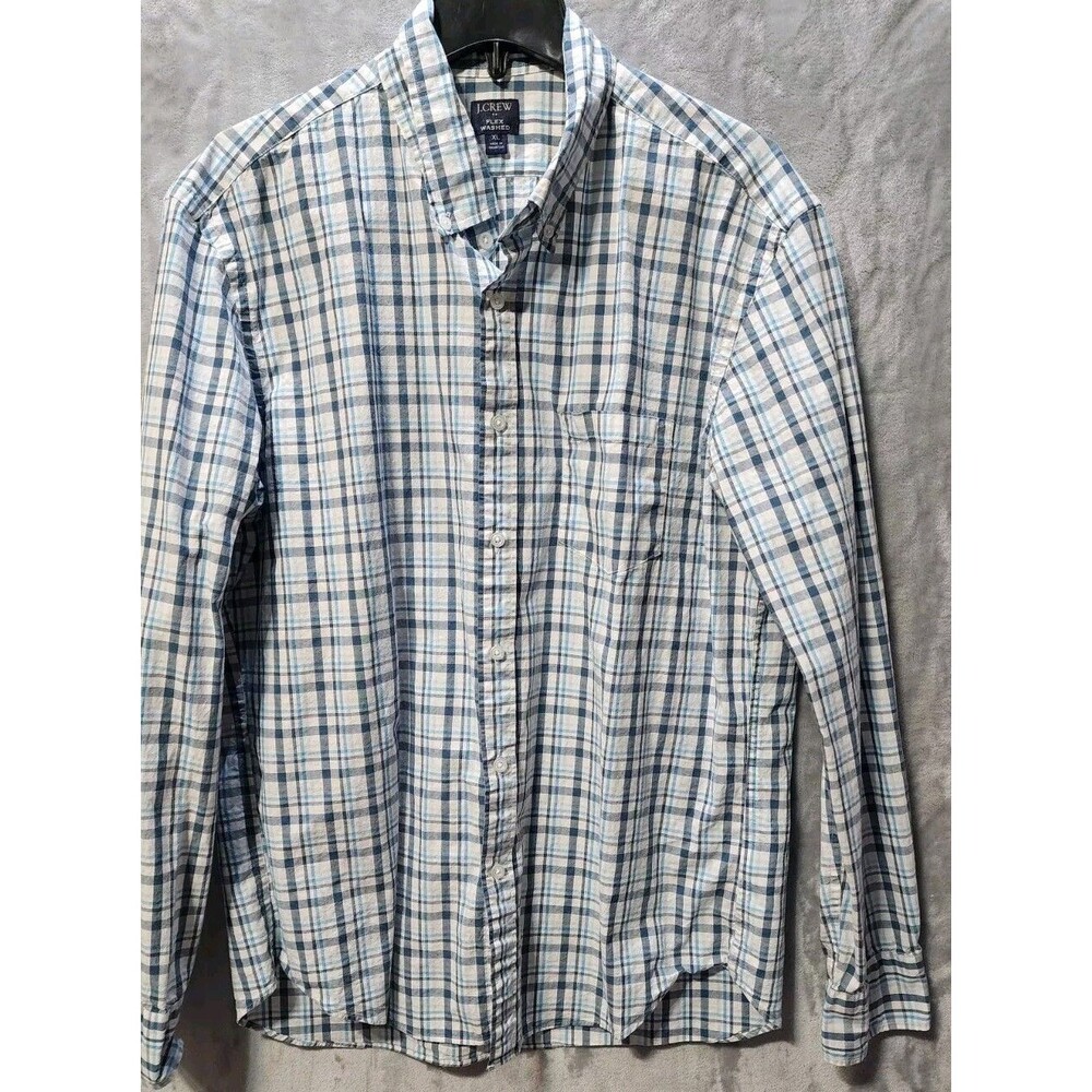J.Crew Button Down Mens XL Blue/White Stripe Plaid Long Sleeve Preppy Classic